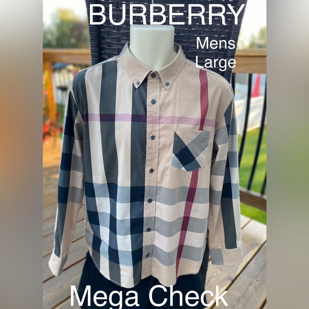 Mens BURBERRY MEGA Check L/S Button Down, EUC🔥22” Pit-Pit, Chest Pocket🔥Large